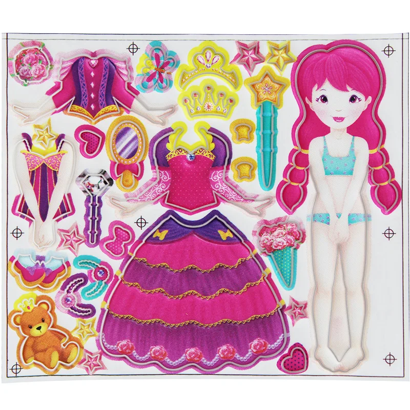 Custom Beautiful Girls Princess Dress 3D Cartoon Clothing Puffy Adhesive Sticker for Kids