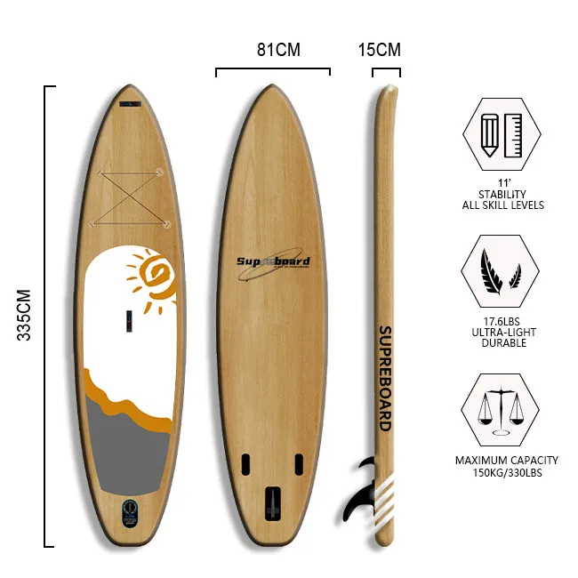 
Wood Skin Design Inflatable Paddle Board Stand Up Paddle Board ISUP Package 6 Inch Thick For Beginners And Experts 