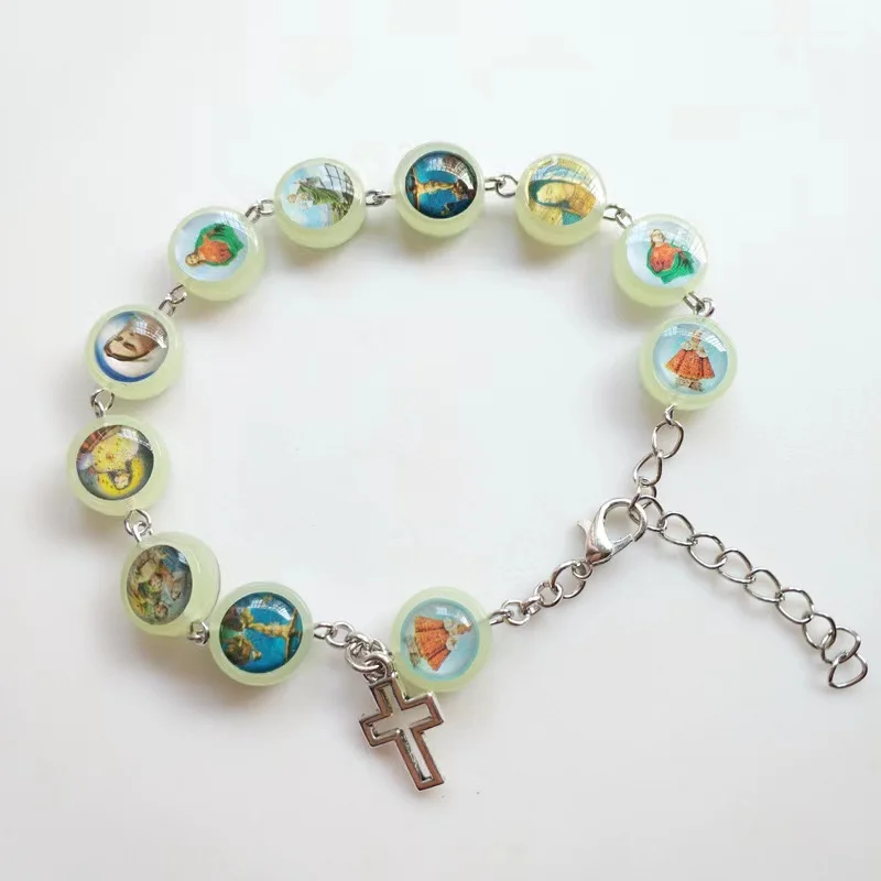 custom glow in the dark round beads with sticker icon bracelets plastic stretch prayer bracelets