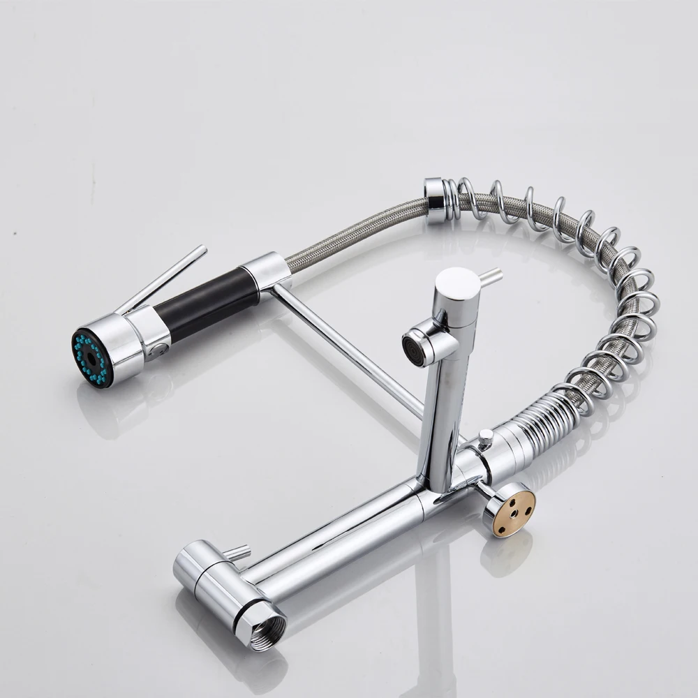 YUNDOOM OEM Luxury Sink Faucet  Torneira Pull Down Sprayer Brass Chrome 2 Spouts Wall Mounted Robinet Cuisine Kitchen Water Tap
