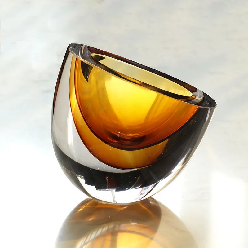 Bixuan Handmade Mouthblown Art Glass Vase Ripple Layering Amber Solid Color Table Decor Centerpieces Thick Glass Vase, 14cm