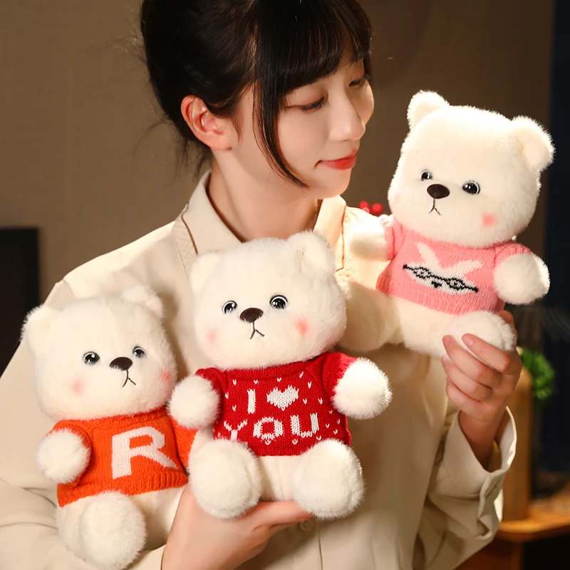 23cm Super Soft White Sitting Teddy Bear with Sweater Soft Stuffed Plush Bear Toy Gift for Kids, Girlfriend, Birthday