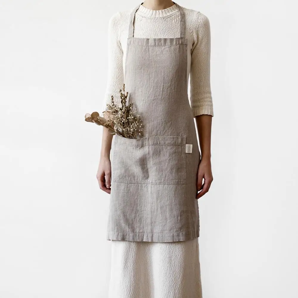 Custom logo apron adult unisex comfortable raw ecological french linen aprons