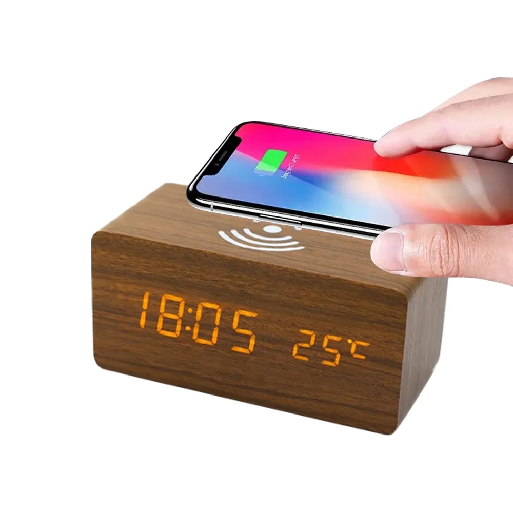 handmade wooden charging station clocks stand wood alarm digital clock with date temperature humidity display