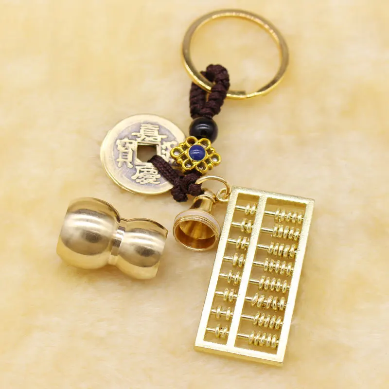 MAIMABrass keychain five emperors money real copper gourd open activity abacus with buckle decorative keychain handmade DIY