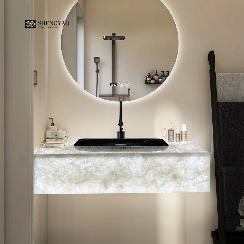 Simple Style Bathroom Design Backlit Quartz White Translucent Crystal Stone Sink Vanity Countertop
