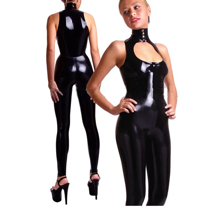 Women Sexy PU Leather Latex Bodysuit Black Sleeveless Faux Leather Jumpsuits Hot Sexy Night Club Party Catsuit M7254