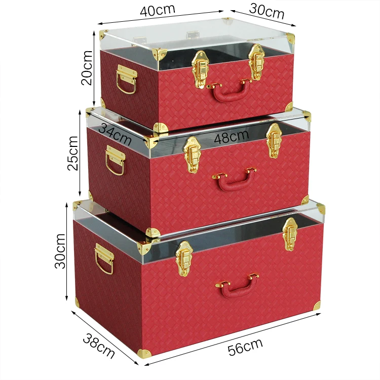 Red leather wooden trunk set of 3 storage trunks with acrylic lid
