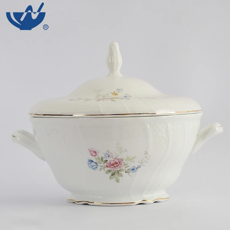 China New None Graceful Soup Container Ceramic Soup Pot With Golden Line