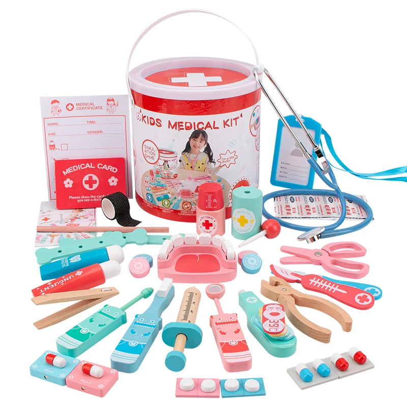 Children virtual doctor toy set male and female injection tools wooden virtual medical kit male baby play house stethoscope
