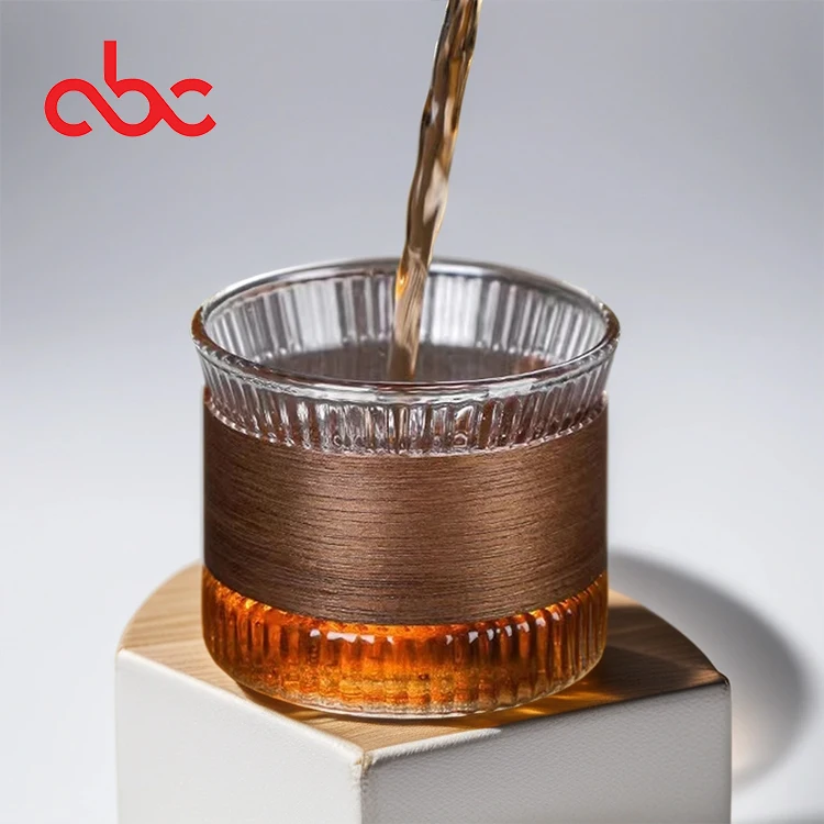 Factory Wholesale Wooden Ring Heat Insulation Hammer Pattern Vertical Pattern Glass Cup Coffee Milk Cup