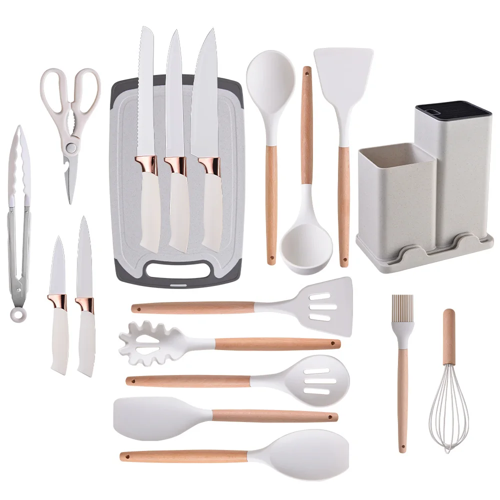 Wholesale 19-piece Silicone Utensils kitchen Set Kitchen Accessories Silicone Kitchen Utensils Sets with Cutting Board