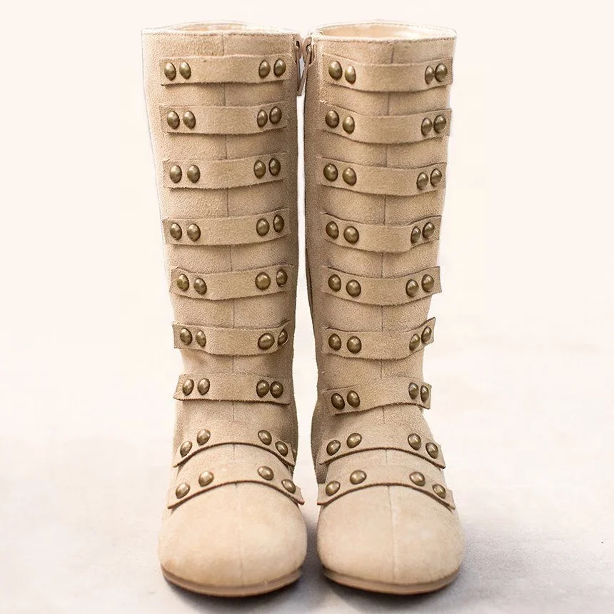 Fashion Straps Antique Brass Toddler Kids Tan Suede Military Boots Extra Tall Satin Lined Fall Girls Boots