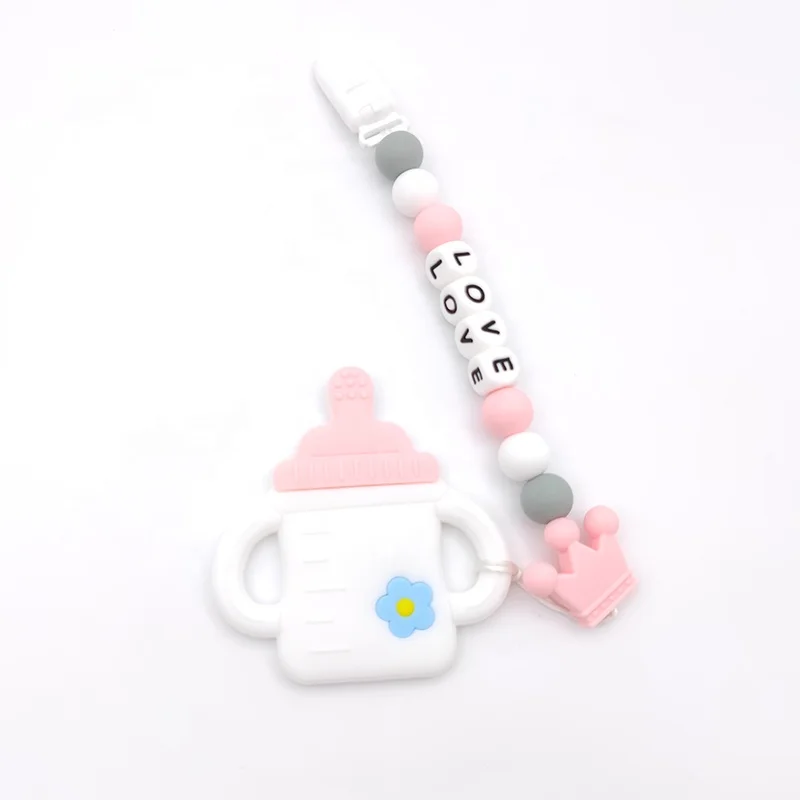 Hot Selling Wholesale Babies Products Milk Bottle Design Toy Pacifier Clip Silicone Teether