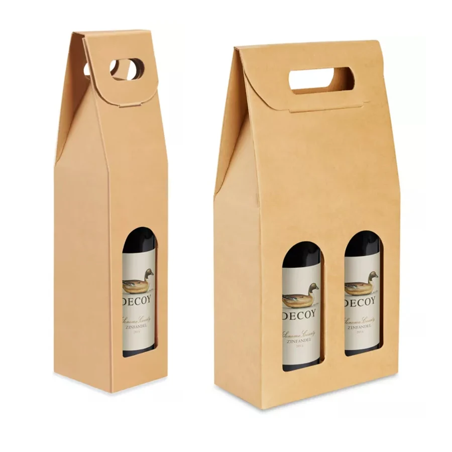 Custom Colors Kraft Paper Single Red Wine Bag with Window Transparent Rectangular Gift Bag Flower Tote Bag Rope Handle