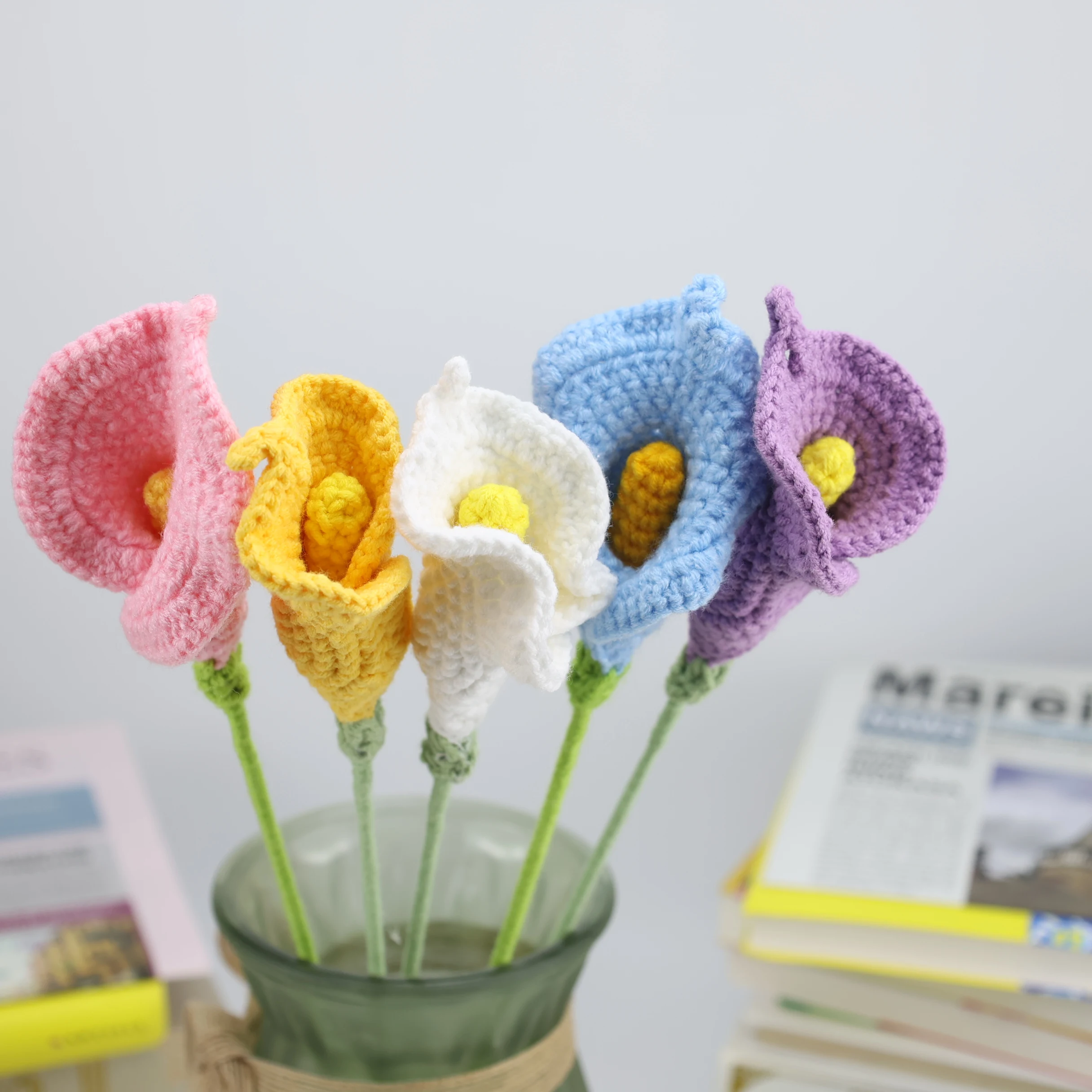 Crochet Mini Calla Lily Flower Heads Fake Floral Bouquet Head for Crafts Scrapbooking Garden Wedding DIY Making Bridal Garland