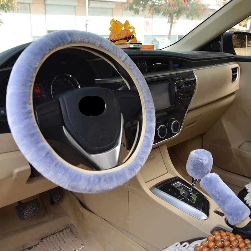 Car Plush Steering Wheel Cover 3Pcs Gearshift Handbrake Cover Protector Decoration Warm Super Thick Plush Collar Soft Fur Winter