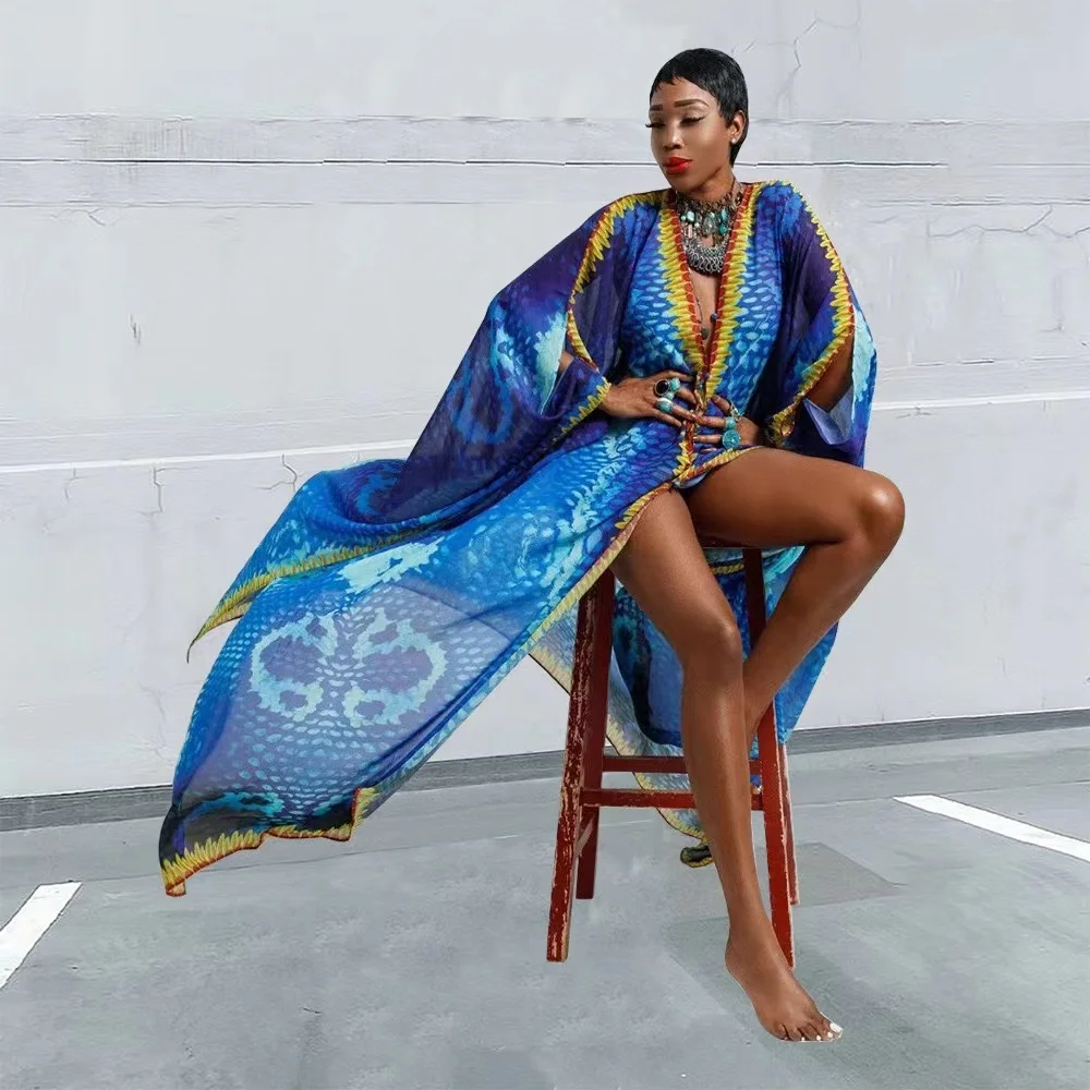 J&H 2023 new fashion moroccan kaftan vintage printed v neck loose chiffon maxi dress free size ladies abaya dresses