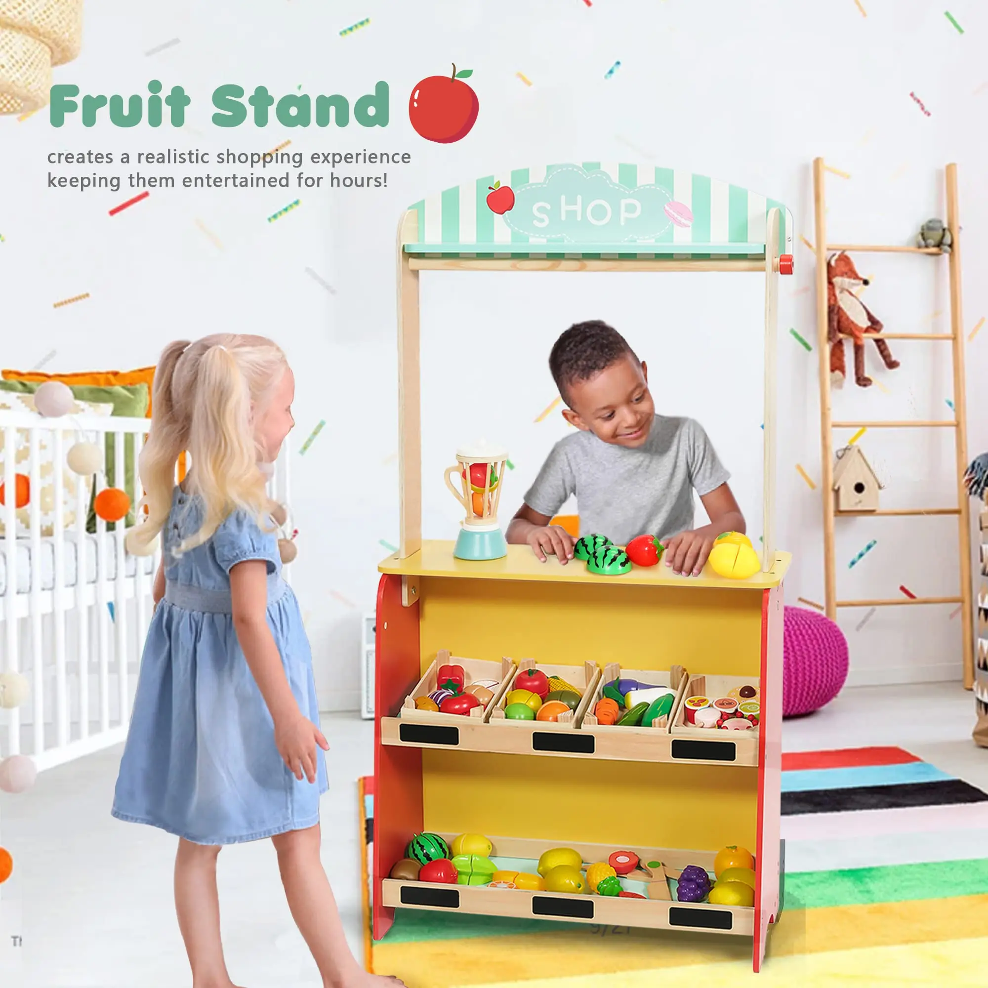New Design Double-sided Puppet Stage With Chalkboard role Play Fruit Display Shop Kids Wooden Pretend