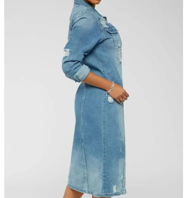 Wholesale Denim Long Trench Coat Street Style Ripped Denim Jacket for Women Long Sleeve Hollow Out Tassel Long Denim Coat