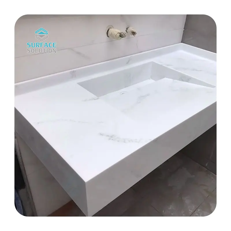 Modern white color artificial stone korean acrylic solid surface double basin bathroom vanity top with sink