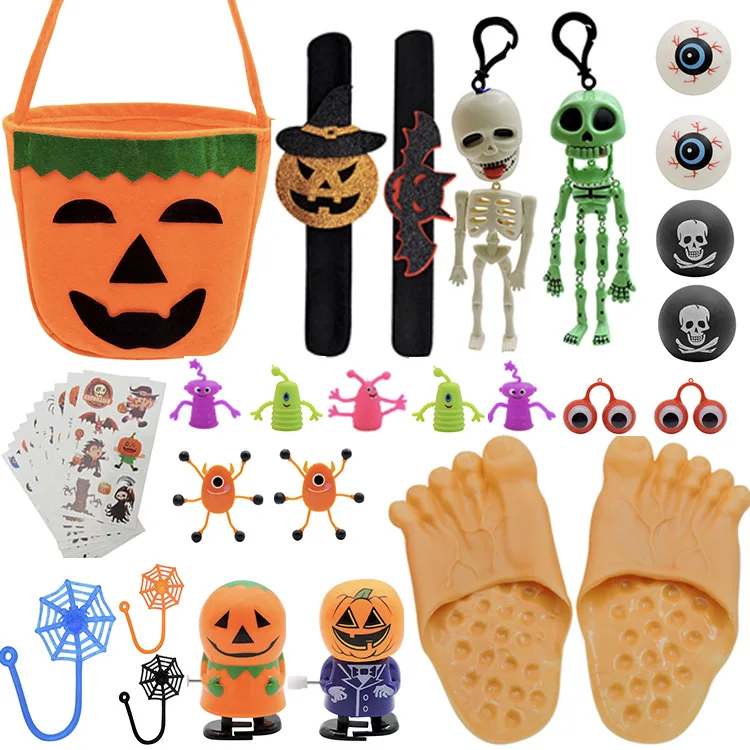 Children Halloween Pumpkin Bag Spider Glasses Stamp Horror Bat Skull Props Ornaments Party Accessories Wristband Toys For Kids