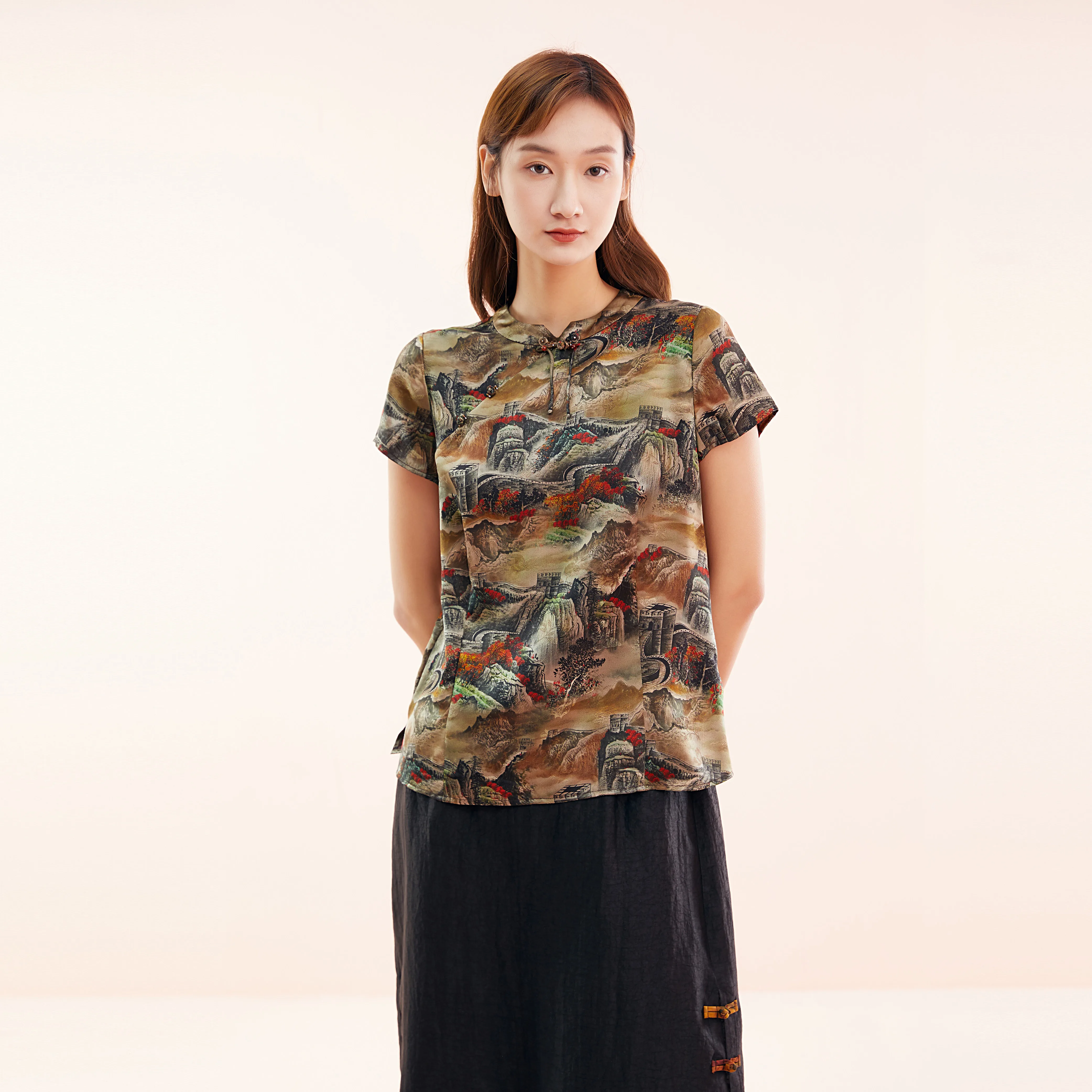 Short Sleeve Special Button Chinese Style 100% Silk Feminina De Talla Grande Para Mujer Blusa Shirt Blouse