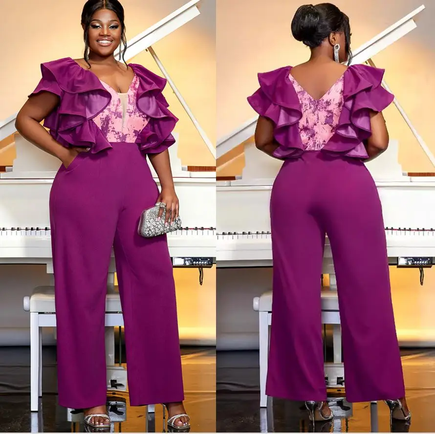 Am040417 African Summer Low Cut Backless Jumpsuit Plus Size 4Xl Party Style Purple Wide Leg Pants Jumpsuit Body Suit