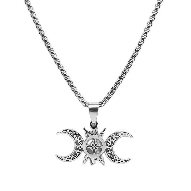 Fashion popular stainless steel jewelry three-layer Moon Pentagram pendant Halloween Witch necklace wholesale