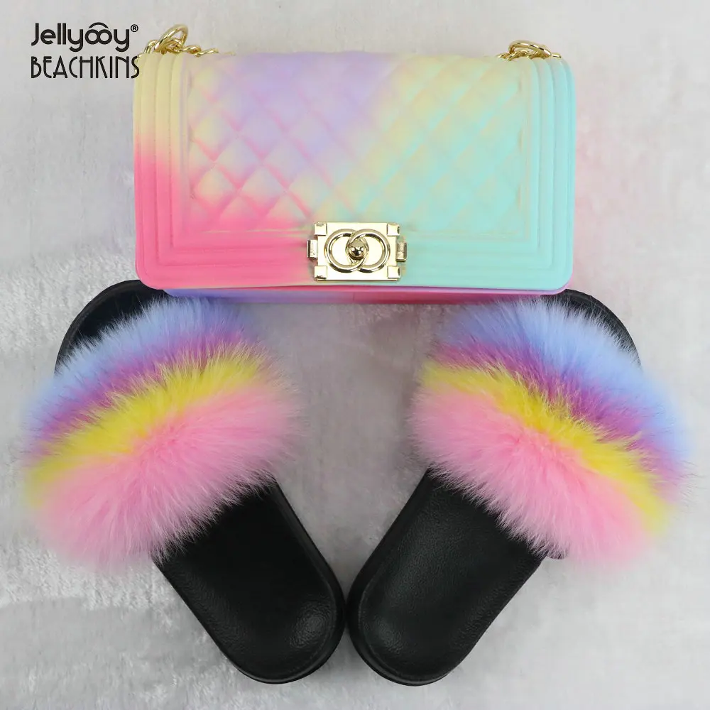 Jellyooy BEACHKINS Matte Rainbow Jelly Bag With Fox Fur Slides Sets Purse Bag Match Colorful Fluffy Fur Slippers Sandals