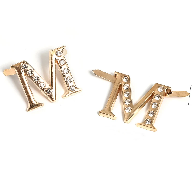 Manufacturer custom garment M letter logo label metal with crystal rhinestone metal rivet for bags purse swimwear decorative tag