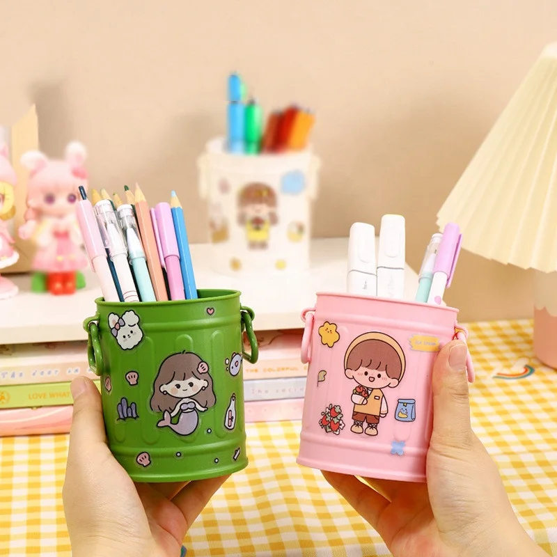 Retro Makeup Brush Container Desktop Trash Can Desk Office Stationery Shelf Holder Cute Student Pen Storage Boxes with handles