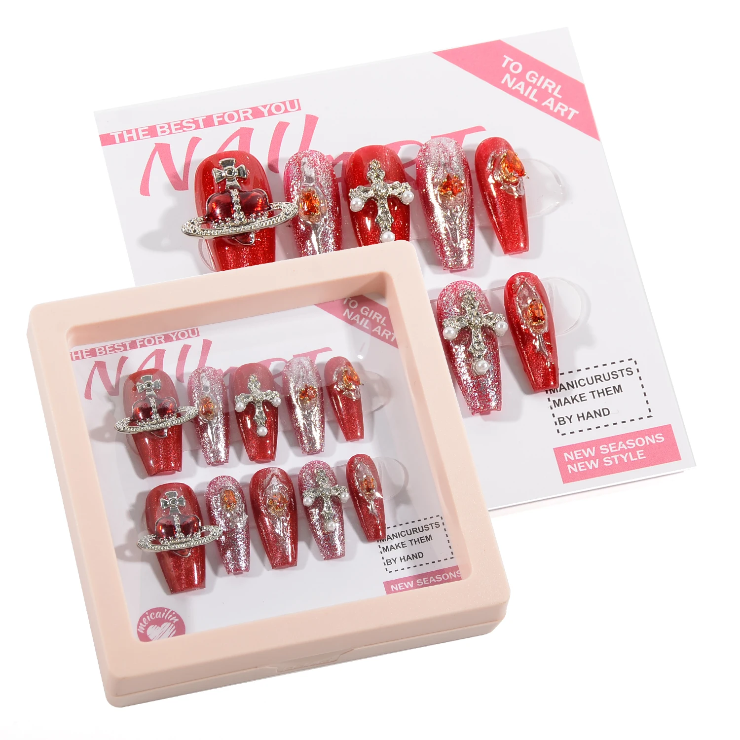 Press On Nail Handmade nails  False  Reusable Adhesive  Pink Black Sweet Cool Press On Fake Nails Tips