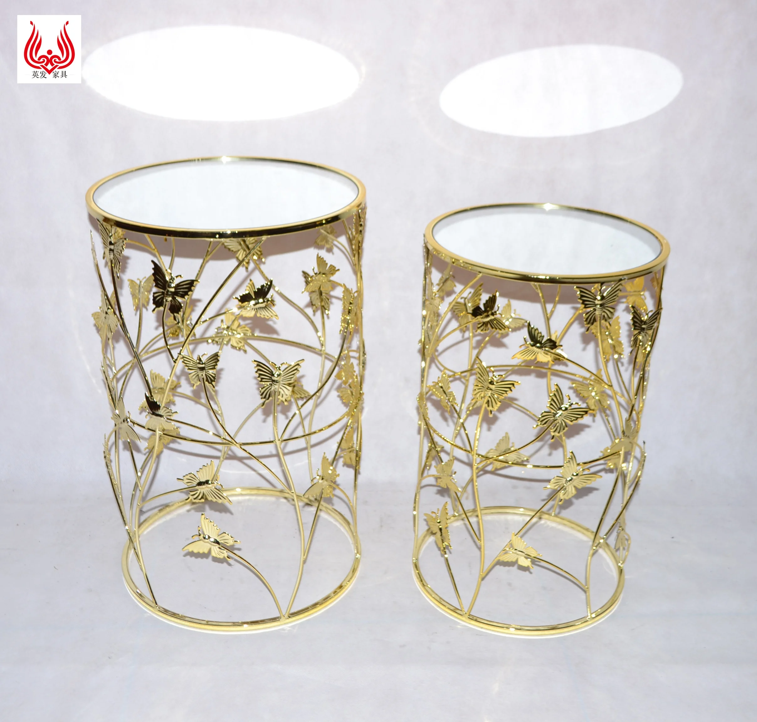 Yinfa Luxury Living Room Furniture Round Metal Wire Butterfly Design Accent Mirror Top Coffee Table Gold Side Table