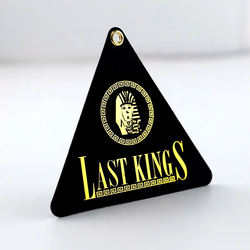 FSC Glossy Golden Hot Stamping Logo&Font Black Cardboard Triangle Hang Tag with Golden Air Eyelet