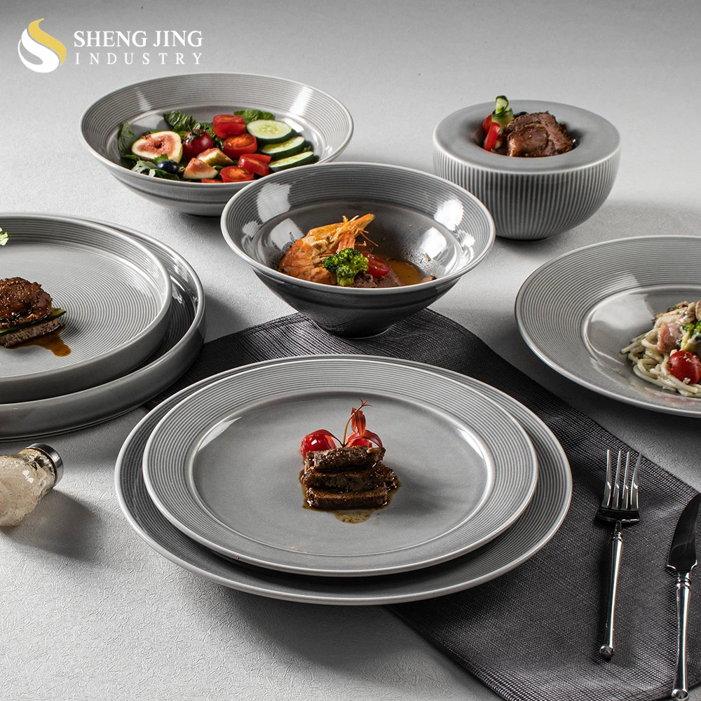 Wholesaler Stock Sustainable Kiln Gray Glaze Ceramic Tableware Hotel Catering Porzellan Platos Dinnerware Sets Restaurant Use