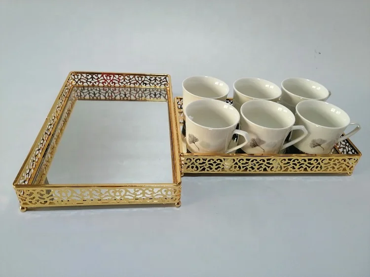 Gold Serving Vintage Mirror Arab Tea Tray Mirror Tray Oval  Design Home Decor Coffee Cup Storage Tray