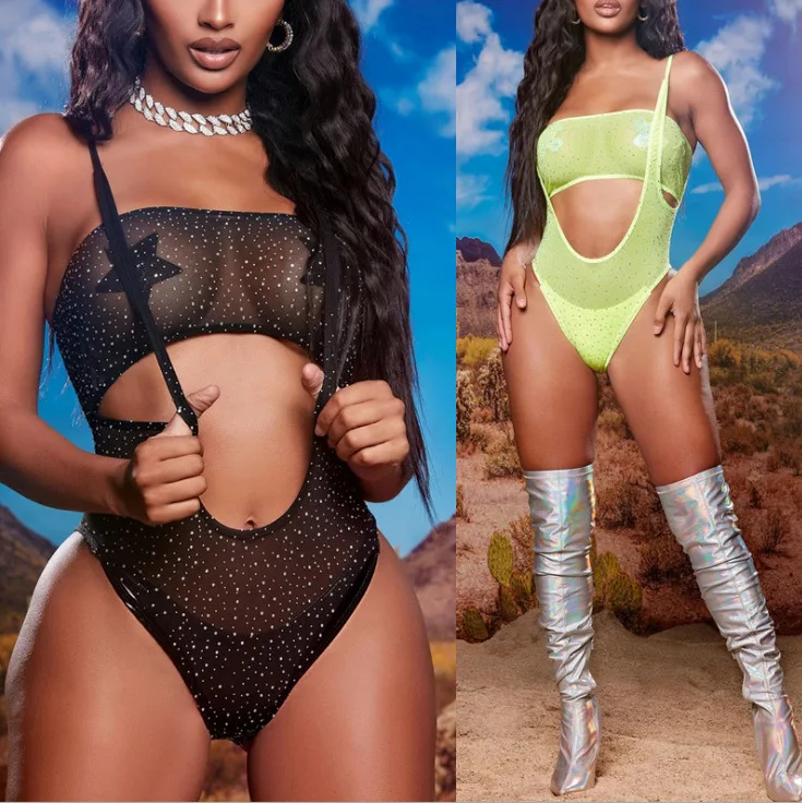 SacKnove 2021 Rhinestone Collection 2Pcs Suit Honeymoon Bra Sexy Nighty Jewelry Bodysuit Lingerie Sets For Mature