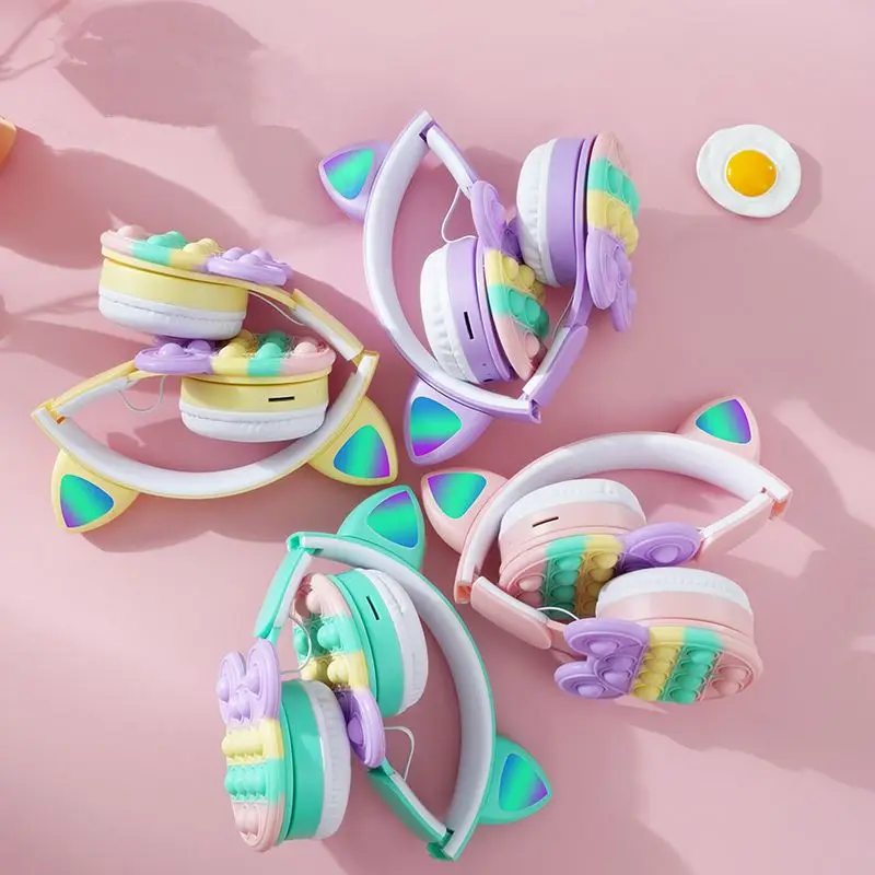 Silicone Push It Bubbles Headphone Stress Relief Fidget Toy Wireless Headphones Earphone Headset with LED Cat Ear