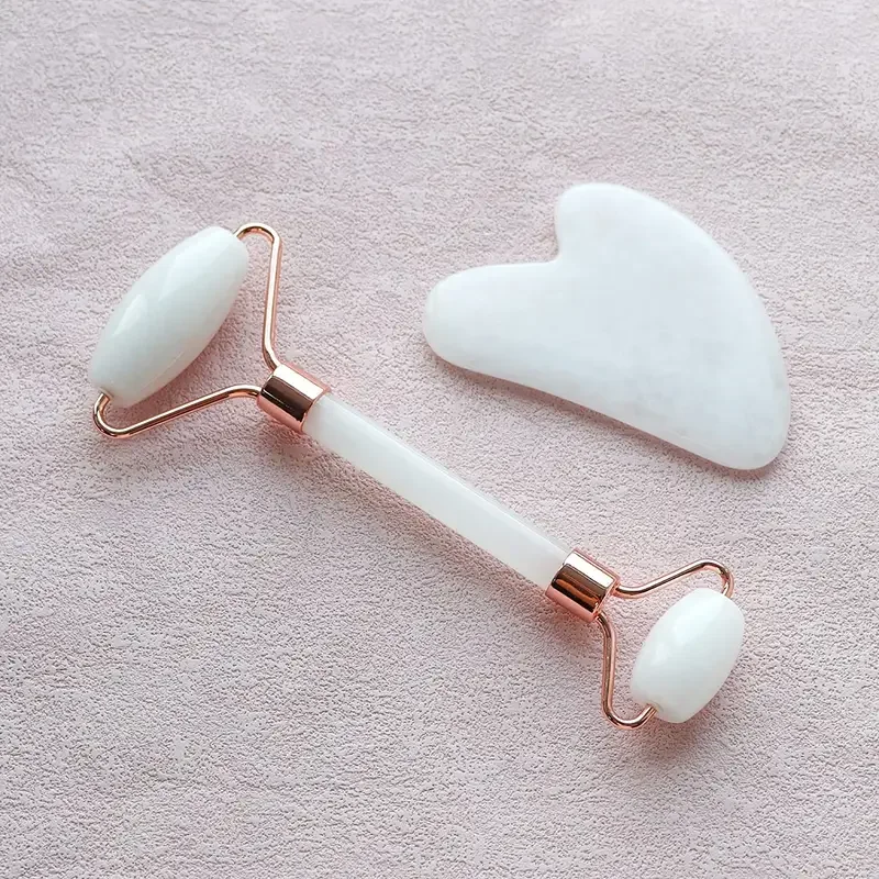 Facial Tools Pink Crystal Rose Quartz Face Roller and Guasha Set For Face Lift Slim Firm