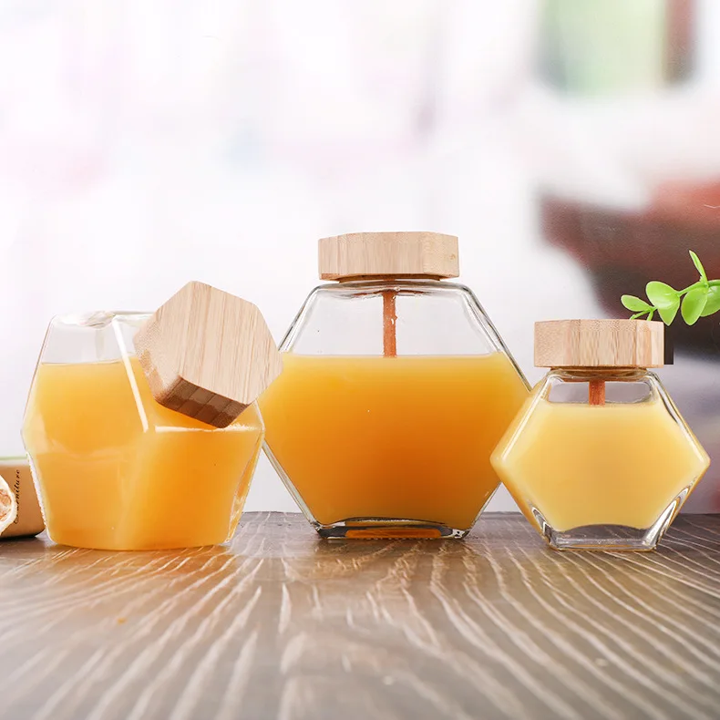 hot sale250ml 380ml Honey limentos Nogales Mermeladas Miel Para Frasco De Vidrio Con Tapas Hexagon Honey Jars