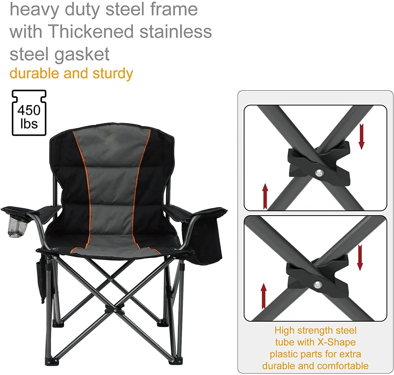 Oversized Camping Folding Chair Heavy Duty Support 450 LBS Steel Frame Collapsible Padded Arm Chair with Cup Holder