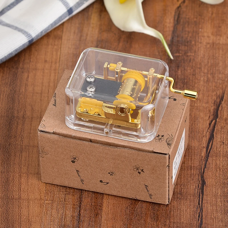 clear acrylic plastic rectangle shape music box with 18 note hand crank musical movement