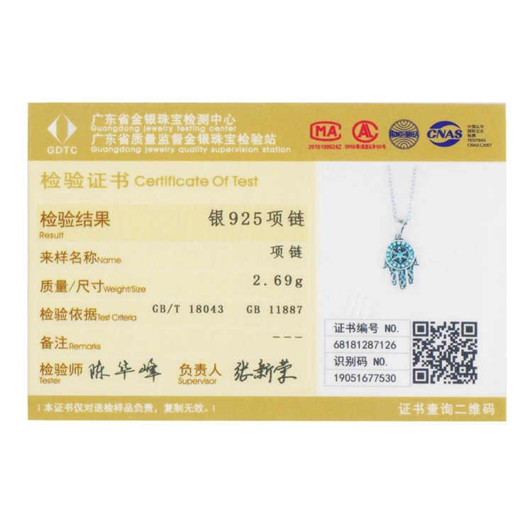 Qings 2020 Hot Selling Lucky Hand Fatima Pendant Necklace jewelry Zircon hamsa Necklace