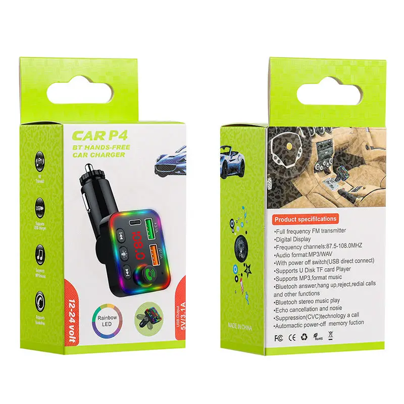 P4 2023 New Arrival Bt Car Kit Microphone Handsfree  Dual Usb Car Charger Fm Transmitter Sup Bt5.0 Usb C Car Charger