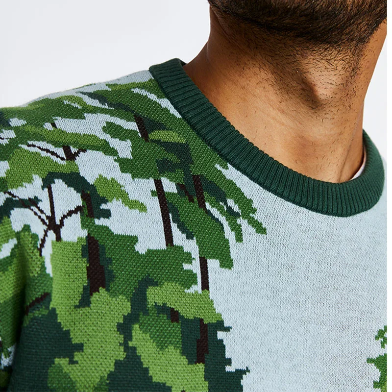 HUIFAN Custom Logo Men Sweater Jacquard Pattern knitwear Winter Cotton Knit Top Designer Crewneck Golf Knitted Sweater Men