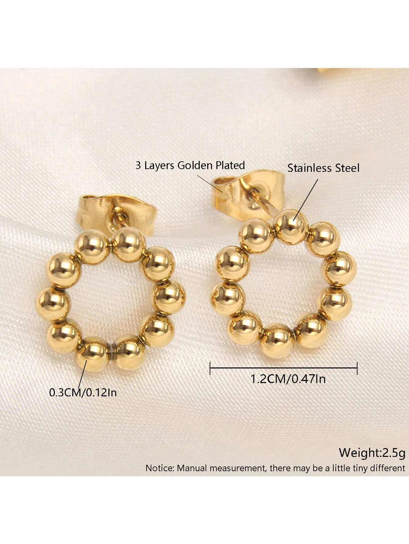 Fashion Minimalist Stainless Steel Round Beaded Earring 18K Gold Plated Women Earrings