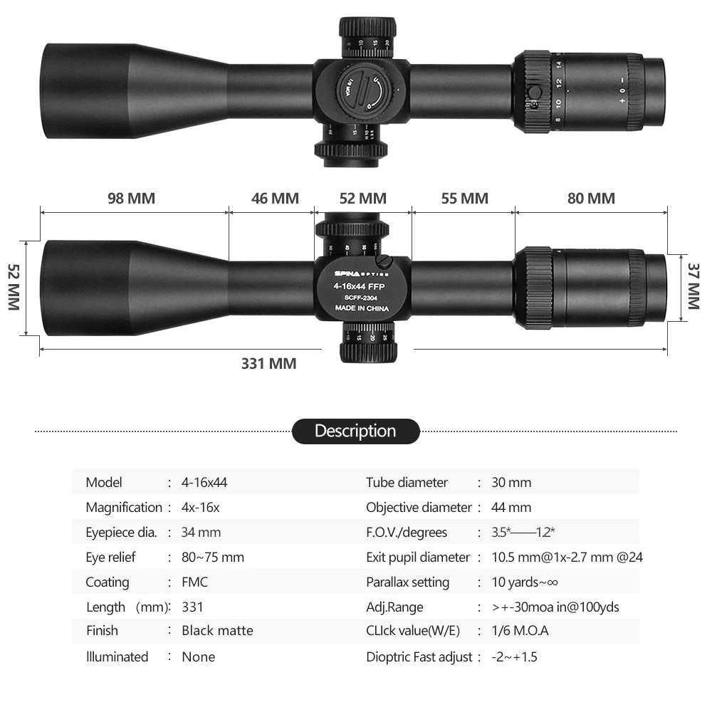 Тактическое оборудование SPINA Optics 4-16x44 FFP тактические охотничьи прицелы для охоты стрельбы на открытом воздухе