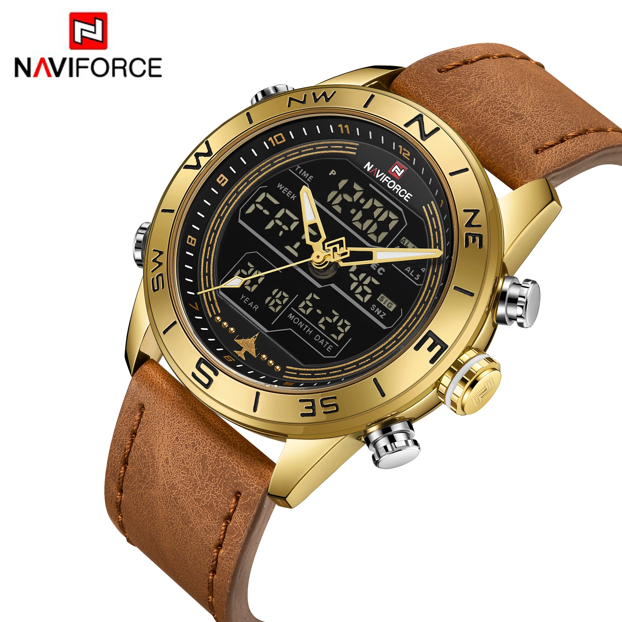 
2020 naviforce 9144 quartz analog digital watches OEM design water resistant led digital leather western wrist watch for man 