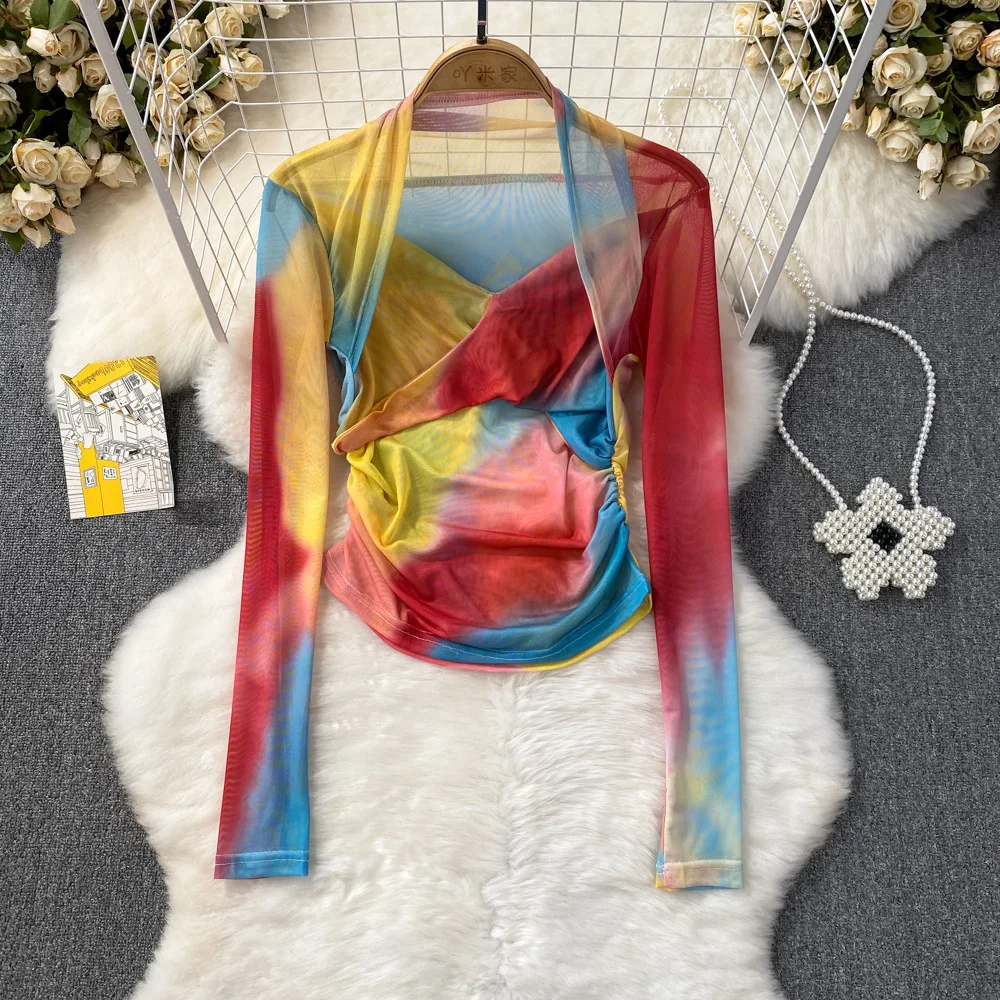 Summer Transparent Tie Dye Women Long Sleeve T-shirts Tops Girls Stretchy Mesh Sheath Tee Shirts Blouse Top